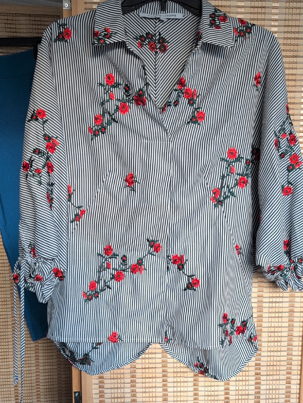 Collective Concepts Black & White Striped Blouse with Red Floral Embroidery